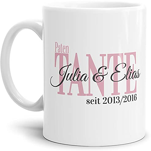 Tasse - Patentante seit - zum selbst Gestalten mit Kindernamen und Geburtsjahren - Geschenk für die beste Patentante - Keramiktasse, Weiß Glanz, 300 ml