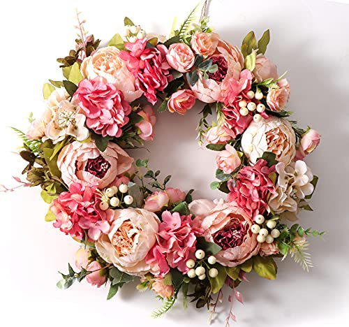 Pfingstrosen-Frühlingskränze für Haustür, Außentür, Rose, Sommertürkranz, vollständig, 38,1 cm, handgefertigt, Herbst-Winter-Kränze für Haustür, Wand, Fenster, Dekoration