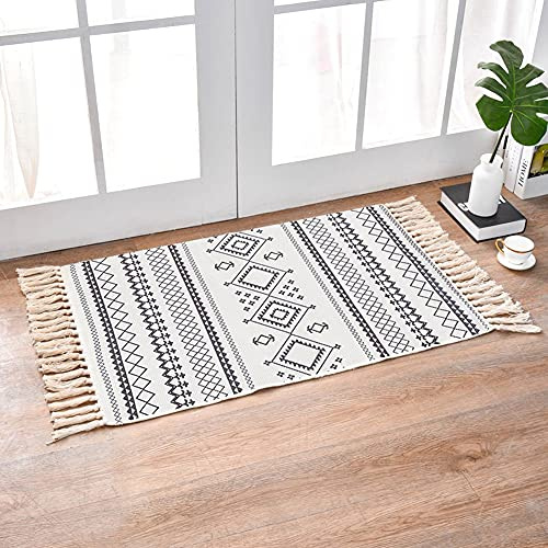 INKAROBOX Teppiche aus Baumwolle mit Quaste Gewebte Baumwolle Wurf Teppich Läufer für Küche, Wohnzimmer, Schlafzimmer, Waschküche, Eingangsbereich (Weiße Raute, 60x90cm)