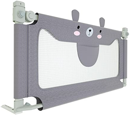 AufuN Kinder Bettgitter Rausfallschutz für Kinderbett Bettschutzgitter Tragbares Bettgitter zum vertikalen Heben Kinderbettgitter Babybettgitter für Familien und Reisen, Grau, Kleiner Bär, 150 cm