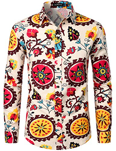 LucMatton Herrenhemd aus Leinen, mit stilvollen, afrikanischen, traditionellen Druckmustern, Langarmhemd mit Knopfleiste, Beige Gelb, S