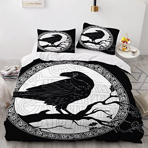 AOYNP Vikings Bettwäsche 155x220 Wikinger Schwarzer Rabe 3D Druck Weiche Mikrofaser Bettwäsche Set Kinder Teenager Wikinger Bettwaren Bettbezüge mit ReißVerschluss und 2 Kissenbezug 80x80cm