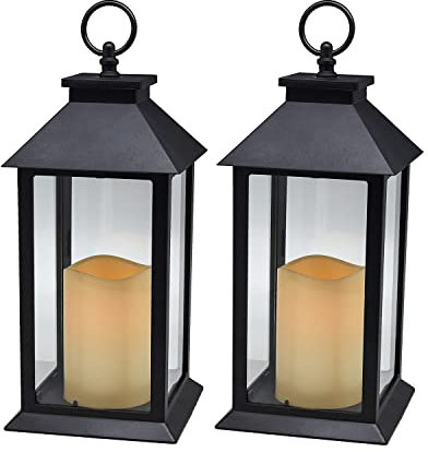 YAKii Hanging Glass Panes Lantern Portable Led Candle Light Operated by 3AAA Batteries for Garden Yard, Indoor & Decoration,Pack of 2(Black)