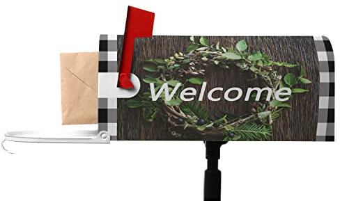 Numland Briefkastenabdeckung, Willkommenskranz, Briefkastenabdeckungen mit Magnetstreifen, 53 x 45,7 cm, perfekt für den Außenbereich, natürlicher runder grüner Kranzrahmen auf kariertem Holzgitter