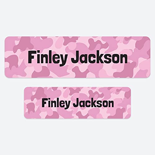 50 x No Iron Personalised Stick On Waterproof Washable Name Labels Great for Clothes, School Uniform, Equipment, Shoes. School, Nursery, Day Care, Hospital - Cool Camouflage Pink