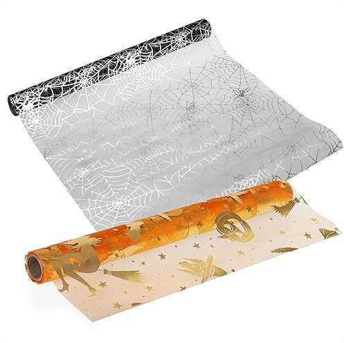 com-four® 2X Tischläufer Halloween mit goldfarbenen Motiven - Tischdekoration für Halloween - dekoratives Tischband aus Kunststoffgewebe - Tischdecke [Auswahl variiert] (goldfarben/orange - 2 Stück)