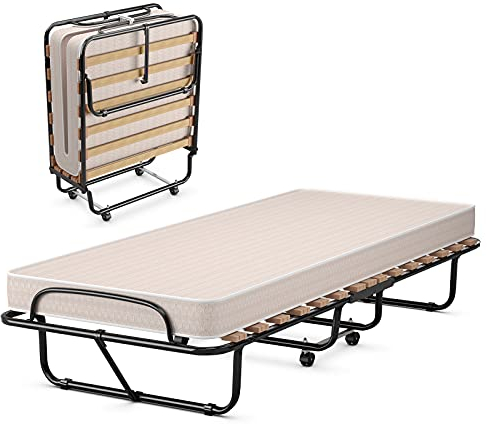 LIFEZEAL Klappbett, Klappbares Gästebett im Metallrahmen, Faltbares Einzelbett mit Matratze aus Memory Foam, Erwachsene Metallbett auf 4 Rädern (190 x 80 x 39 cm, Beige)