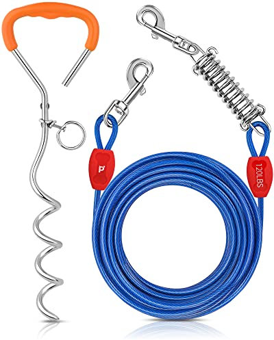 Petbobi Câble d'attache et piquet pour chien – Câble robuste de 12,2 m avec ressort, sans nœud, piquet de 40,6 cm, idéal pour la cour, le camping et la plage, convient pour les chiens de taille