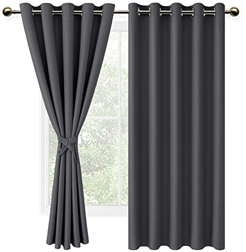 DWCN Dark Grey Blackout Curtains with Tiebacks, 66 Wide x 54 Drop for Bedroom Thermal Insulated Solid Eyelet Curtains for Living Room, 2 Panels