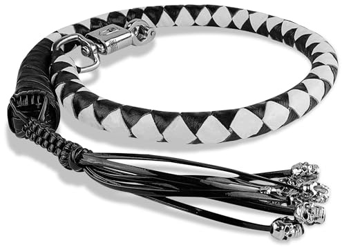 HADZAM Cravache de moto en cuir véritable de 106,7 cm pour guidon avec franges et fermoir à dégagement rapide (blanc et noir, 106,7 cm (crânes sur franges)
