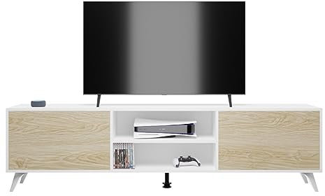Homey Mueble de TV de Diseño Nórdico, 2 Compartimentos de Almacenamiento y 2 Puertas, Apto para Televisores de hasta 77 Pulgadas, Madera, Blanco-Roble, 49cm (Alto) x 180cm (Ancho) x 40cm (Fondo)