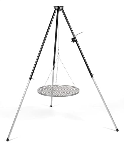 HeRo24 Dreibein Grill mit Kurbel & Edelstahl Grillrost 60cm, Holzkohle, Schwarz und Silber, Pulverbeschichtet, Verstellbare Höhe, Freistehend, Outdoor