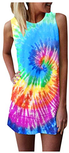 Batik-Shirt Damen Regenbogen: Regenbogen Kleid Damen Sommer Strandkleid | Sommerkleid Elegant Boho-kleid Rundhals Mini kleider Bunte-kleid Shirtkleid Lose Longshirt Oversize Tank Tops