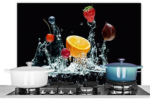 KitchenYeah© Pannello Paraschizzi da Cucina Alluminio 90x60 cm Alzatina Top Decorazioni Pannelli Paraspruzzi Acqua - Frutta - Arancia - Fragola - Ciliegia - Nero