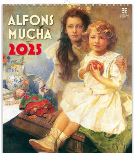 KALPA Alfans Mucha Poster Kalender 2025: Monatlicher Kunstkalender (34x49 cm), 12 Seiten Spiralbindung, FSC-zertifiziert, mit ikonischer Kunst im Hochformat für die Wand.
