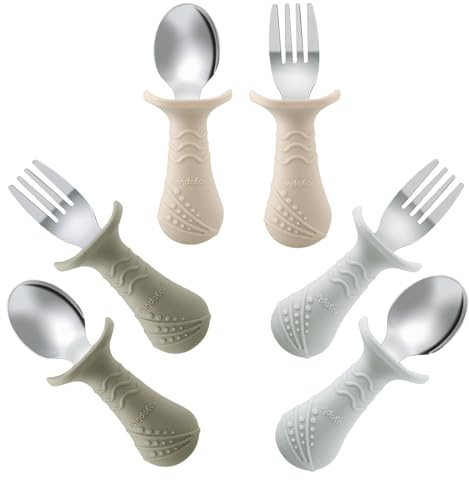 PandaEar Ensemble de Couverts pour Bébé, 6 Pièces Cuillères et Fourchettes en Silicone et Acier Inoxydable pour Bébés et Tout-Petits, sans BPA avec Design Antichoc en Silicone (Beige & Noyer & Gris)