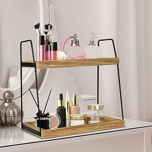 Kripyery Verstellbares 2-stöckiges Badezimmer-Arbeitsplatten-Organizer-Regal, Massivholz, Eitelkeitsorganisator-Tabletts, Kosmetik-Aufbewahrungsregal, Küchenaufbewahrungsregal, Theke, Gewürzregal,