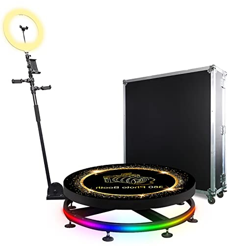 Photo Booth Requisiten, Upgrade 360 Photo Booth Machine with Software for Parties People to Stand on with Ring Light and Free Logo, APP Remote Control Automatic 360 Spin Camera