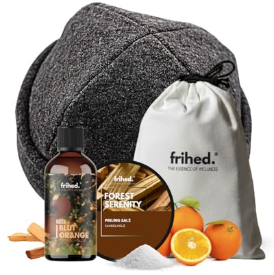 frihed.® Sauna Geschenkset Sonnenfeuer - Saunahut & Saunaaufguss Blutorange & Salzpeeling - Geschenk für Saunaliebhaber Herren & Damen - in Geschenkverpackung - Made in Lüneburg