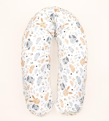 LOOLAY Schwangerschaftskissen - Stillkissen 170 cm - Seitenschläferkissen 100% Baumwolle - mit Abnehmbarem Bezug - Schwanger Kissen für Schlafen (Hase Beige/Weiß)