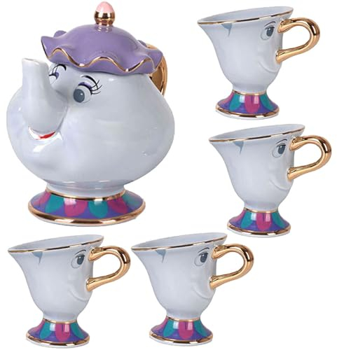 ZORZA Set da tè in ceramica La Bella e la Bestia, teiera in oro Mrs. Potts, bellissimo set da tè in ceramica, teiera regalo di Natale,Blue large,4cup