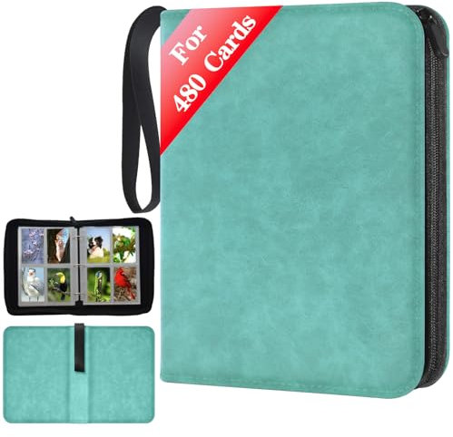 JUSONEY Sammelalbum für Karten, 4 seitlich Sammelalbum für bis zu 480 Karten, Sammelkarten Album, Reißverschluss Binder für Sammelkarten, MTG Karten Heft für Spielkarten für Sportkarten (Türkis)