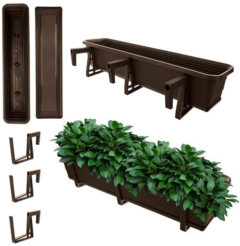 KADAX Jardinière avec soucoupe, avec ou sans supports de jardinière, pot de balcon en plastique, bac à plantes, jardinière de balustrade, pot de fleurs (moka, 80 cm + supports), K10032