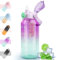 MOMSIV Trinkflasche 2L, 2 Liter Große Sport Wasserflasche mit Strohhalm und Früchtebehälter und Zeitmarkierungen, Auslaufsicher BPA-Frei Sportflasche für Fitness, Camping, Outdoor, Yoga, Violett