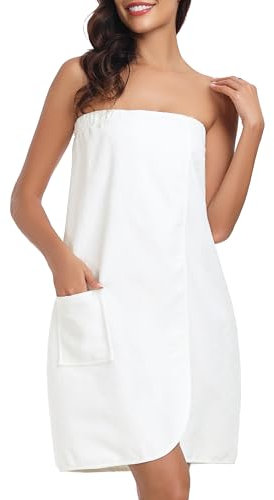 Lovasy Robe Serviette de Bain Femme Peignoir Enveloppant Grande Serviette de Spa avec Boutons Réglables Paréo de Bain Douce Léger Kilt de Sauna avec Poche,A-Blanc,L