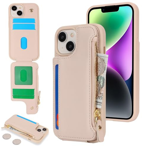 SailorTech Handyhülle für iPhone 14 Etui mit Kartenfach, iPhone 14 Hülle mit Kartenhalter, iPhone 14 Handyhülle mit Reißverschluss Geldbörse - Aprikose