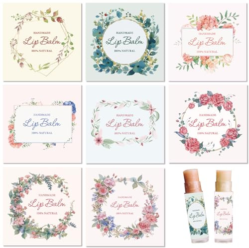 CRASPIRE 80Pcs 8 Styles Lip Balm Sticker Flower Leaf Wreath Plant Self-Adhesive Homemade Lip Balm Labels Vintage Square DIY Label Stickers for Lip Balm Containers Cosmetics Lipsticks