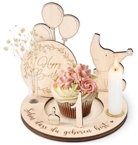 HOUISM Geburtstagsteller aus Holz, Geburtstagskranz Geburtstagsdeko mit Gravur,Kerzenhalter, Vase & Zahlen, Jahreszahlen 0-9, Kinder personalisierter Geburtstagsteller als Geburtstagsgeschenk