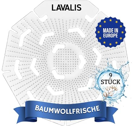 Lavalis Urinalsieb (9 Stück) Duft Baumwollfrische, Spritzschutz fürs Männer WC, Urinal Einleger Matte für jedes Pissoir, 30 Tage Frischewirkung, rund weiß