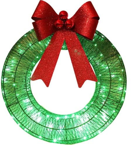 Metal Christmas Wreath With LED Warm Lights - Light Up Artificial Door Wreath for Holiday Decor