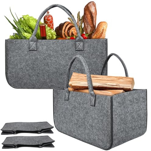 SUBTLETY XL Faltbare Holzkörbe Set 4 Stück Filz Kaminholztasche Groß Kaminholzkorb Belast Max. 30L Feuerholzkorb für Transport & Aufbewahrung von Brennholz Zeitungen Obst Gemüse Kleidung (Mittelgrau)