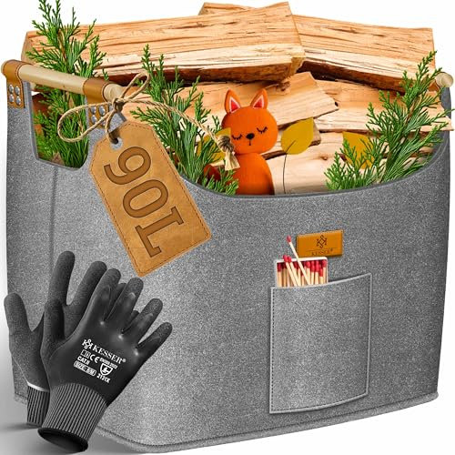 KESSER® Brennholzkorb 90 Liter | Kaminholztasche extra dicker Filz | Feuerholzkorb faltbar mit verstärkten Holzgriffen | Aufbewahrungskorb für Holz, Zeitung oder Brennholz | Inkl. Arbeitshandschuhen