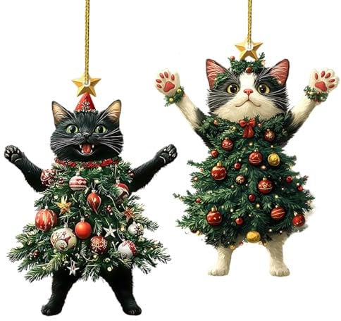 2 Pieces Cat Christmas Tree Ornaments Black White Cat Ornaments For Christmas Tree Cat Christmas Ornaments Christmas Kitten Charm For Bag Car Rearview Pendant Decoration 8x6x2cm