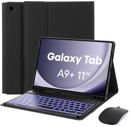 MAYPHY Backlit Keyboard Case with Mouse for Samsung Galaxy Tab A9 Plus A9 + 5G 11 Inch 2023 (SM-X210/X216/X218), 7-Color Keyboard Case for Samsung Galaxy Tab A9+, with S-Pen Holder, UK Layout, Black