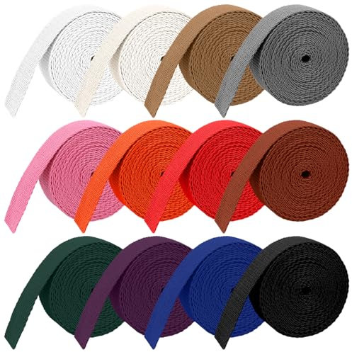 12 Stücke 36M Baumwolle Gurtband 20mm Breit Schrägband Canvas Baumwollbänder Polypropylen Gurtbänder Nahtband zum nähen für Rucksäcke Nähen Taschenband DIY Basteln Stricken Verpackungen