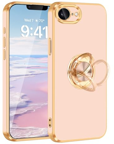 Fingic for iPhone 17e/16e Case 360° Rotatable Ring Holder Kickstand Shiny | Support Car Mount Gold Plating,Magnetic Stand,Slim Soft Tpu Bumper Shockproof Protective Cover for Women Men,6.1,Rose Gold