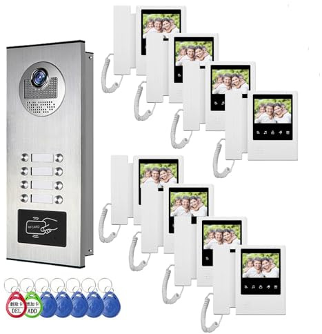 ANJIELO SMART Video Intercom System for Apartment,8 Units 4.3 inch Monitor Wired Video Door Phone Kit,Indoor Outdoor Doorphone Telephone Style, (1doorbell+8monitor)