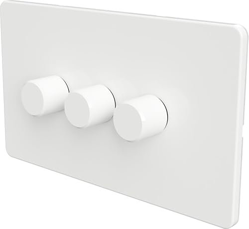 Flat Trailing Edge 2 Way LED Dimmer Switch Rotary Push On/Off for Dimmable LED and Halogen Lights - White 3-Gang