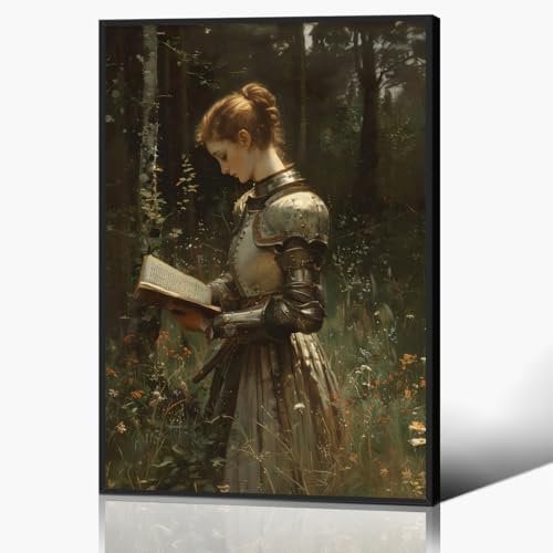 Anslipswar Lady Knight Reading In The Forest Wandkunst, Vintage-Ölgemälde, mittelalterliches Fantasy-Poster, Leinwand, dunkle Akademie, Wildblumenfeld, Lese-Wandkunst, 30 x 40 cm, ungerahmt