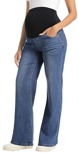 V VOCNI Women's Maternity Jeans Straight Leg Stretchy Pregnancy Jeans Wide Leg Denim Work Pants Dark Blue Medium