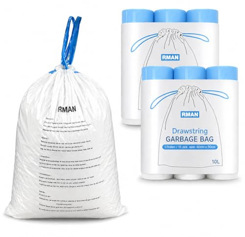 RMAN® Sacs Poubelle 10L-20L à Poignées Coulissantes Ultra Résistant | Fond Anti-Fuite, Sac Poubelle, Salle de Bains, Chambre, Bureau, Cuisine, 90 Sacs, 40 x 50 cm