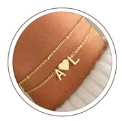 Turandoss Herz Armband mit Buchstaben Damen Gold, 14K Vergoldete 2 Buchstaben Armband Herz Armbänder Damen, Geschenke für Frauen Teenager Mädchen Freundin Mama Schmuck
