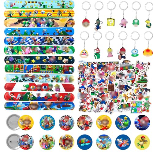 86pcs Mari Party Mitgebsel, 50pcs Aufkleber, 12pcs Armband, 12 Schlüsselanhänger 12 Abzeichen, Mitgebsel Kindergeburtstag für Jungen Mädchen