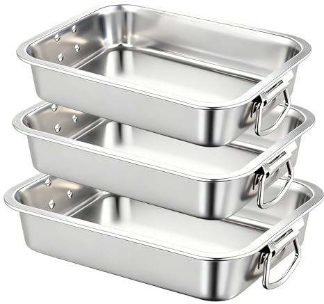 Juego de 3 platos de horno rectangulares de acero inoxidable con asas, diseño de panal, placa de cocción para horno, ideal para lasaña, apto para lavavajillas