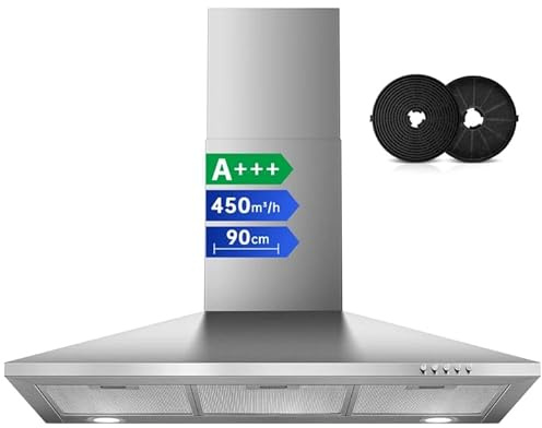 SNDOAS Chimney Cooker Hood 90cm, 3-Speed, Recirculating & Ducting | 450m³/h Extractor Fan for Kitchen with Carbon Filters, A+++ Wall Mounted Range Hood, Silver, Push Button, LED Lights