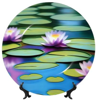 POEZJZW Dekorative Teller, Seerosen im Wassermuster, Dekoration für Zuhause, Büro, Basteln, Ornamente, 1 Teller, 1 Präsentationsständer, 20,3 cm